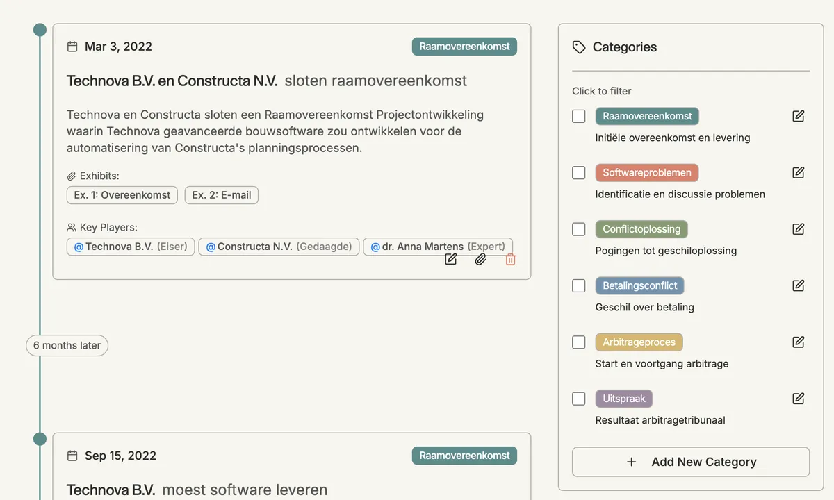Thea groups events into color-coded categories.