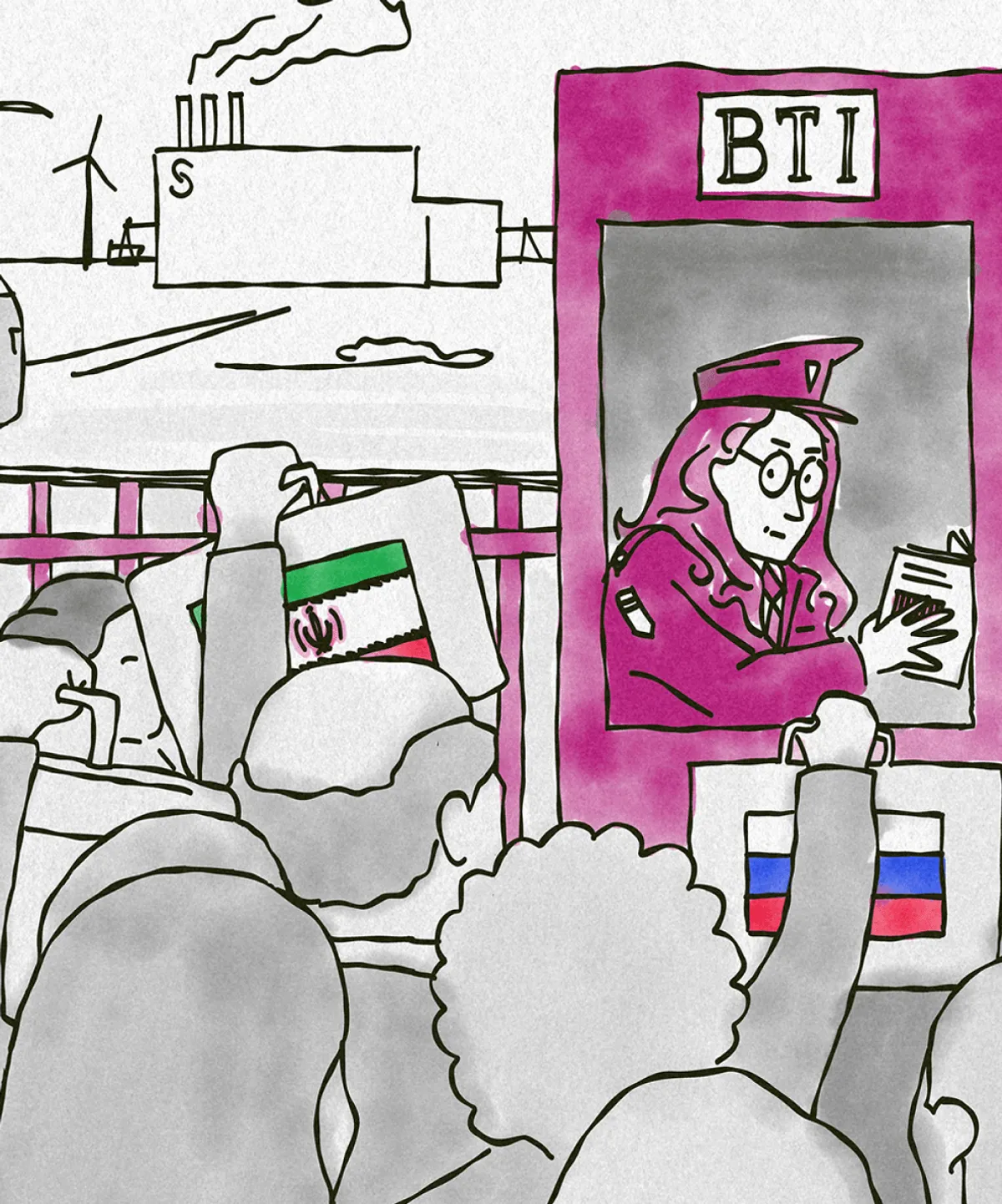 Detail: the customs officer in the BTI booth reviewing documents, investors with flagged briefcases in the foreground