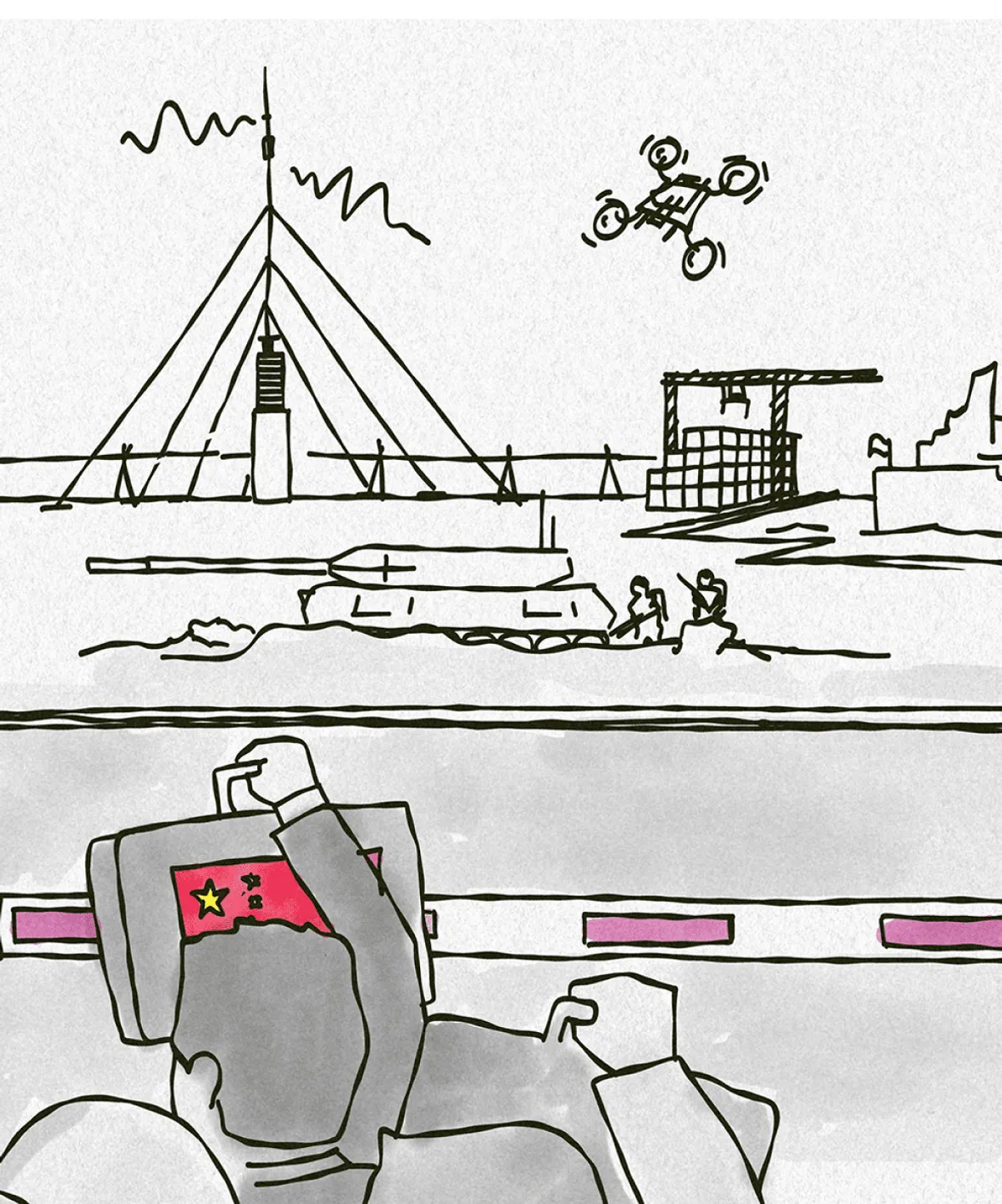 Detail: vital infrastructure in the background, investor with Chinese flag on briefcase