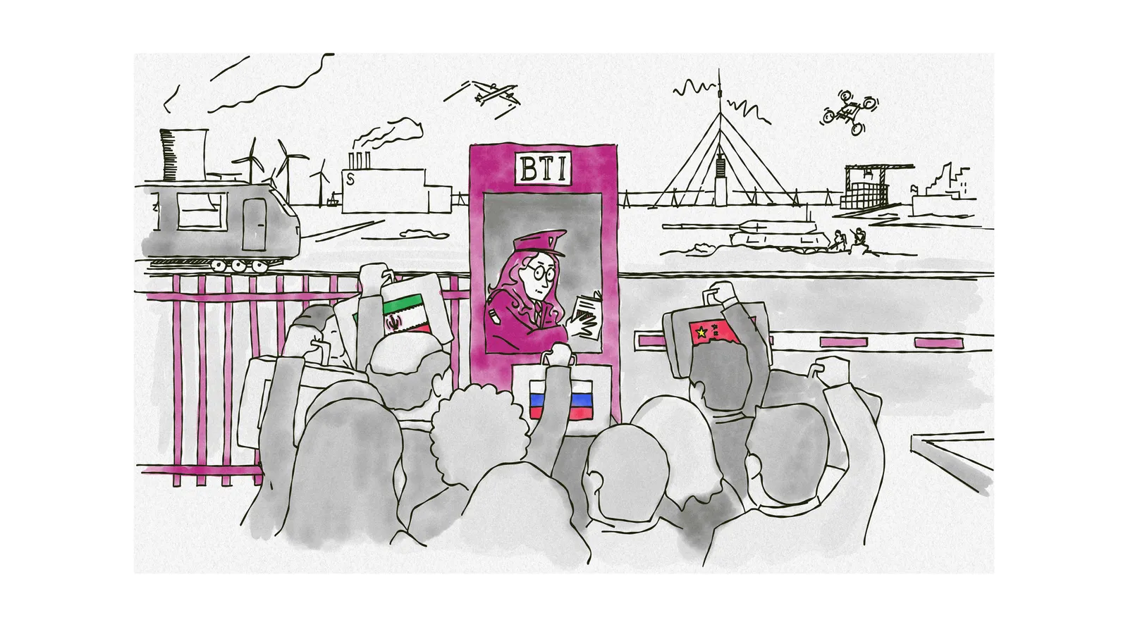 Illustration of a customs checkpoint with a queue of foreign investors carrying briefcases, vital Dutch infrastructure in the background
