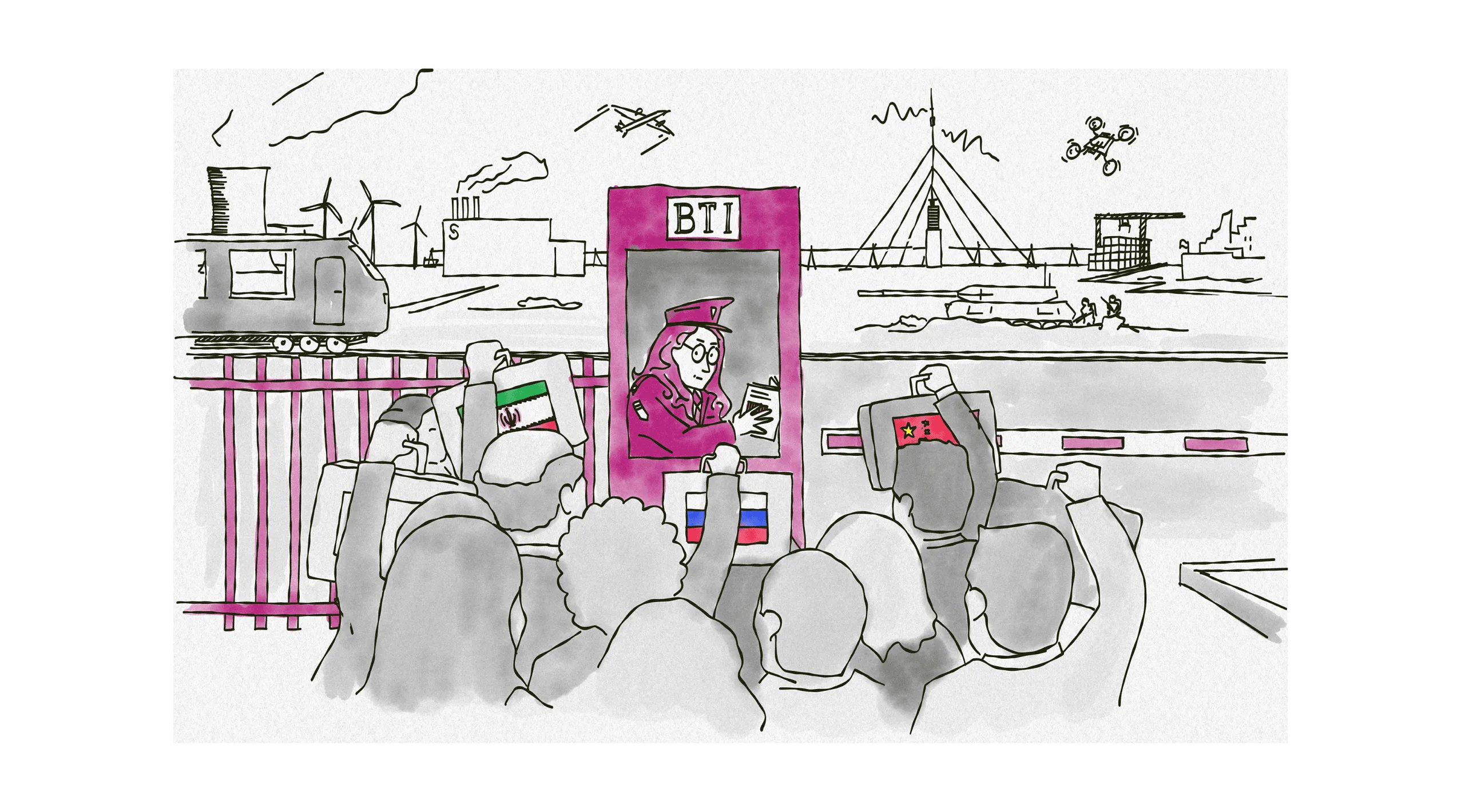 Illustration of a customs checkpoint with a queue of foreign investors carrying briefcases, vital Dutch infrastructure in the background