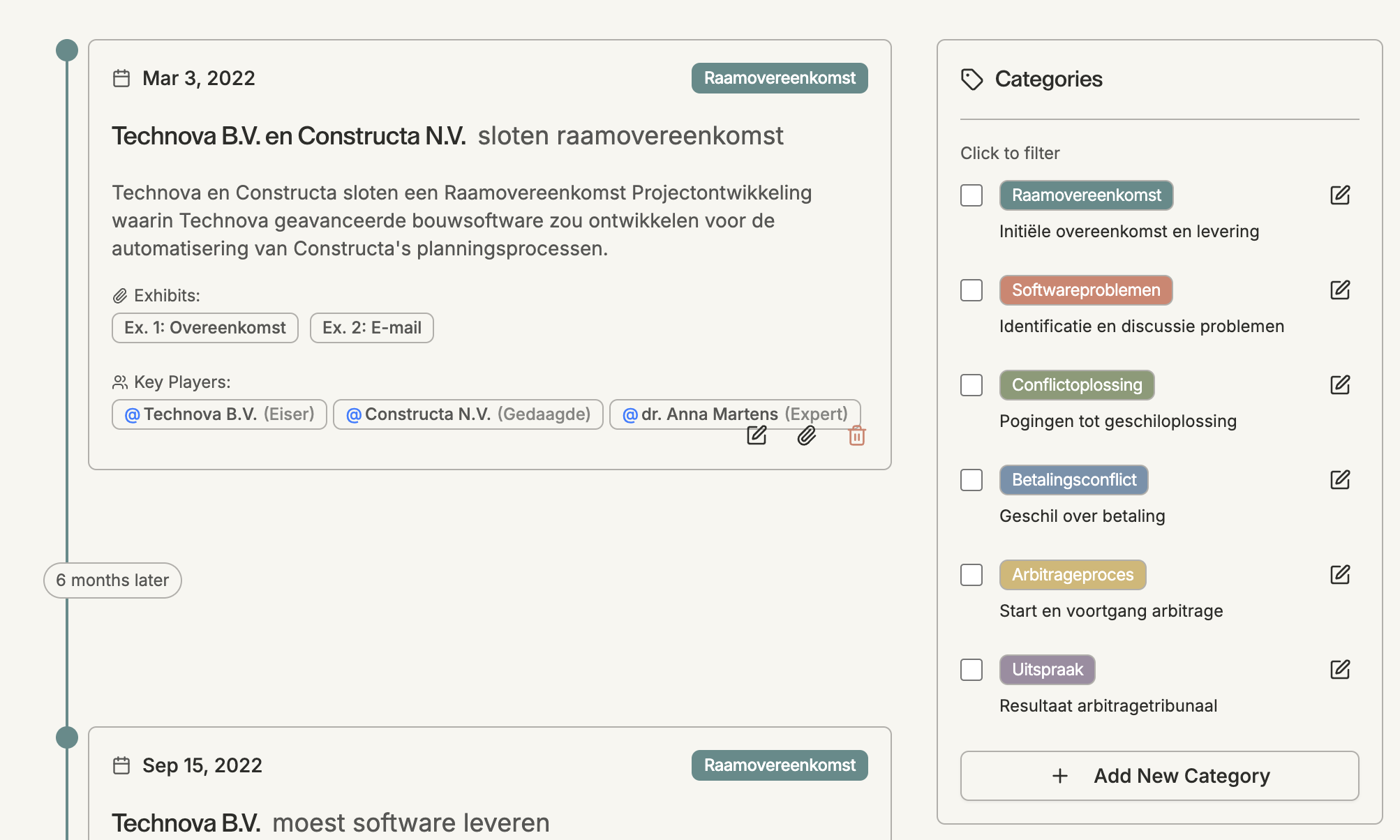 Thea groepeert gebeurtenissen in categorieën met kleurcodering.